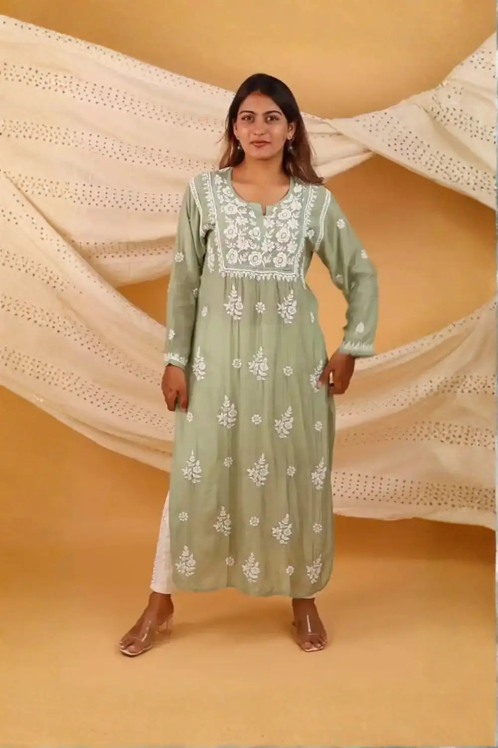 Olive Green Premium Muslin Kurti with Handwork Chikankari & Qureshia Detailing