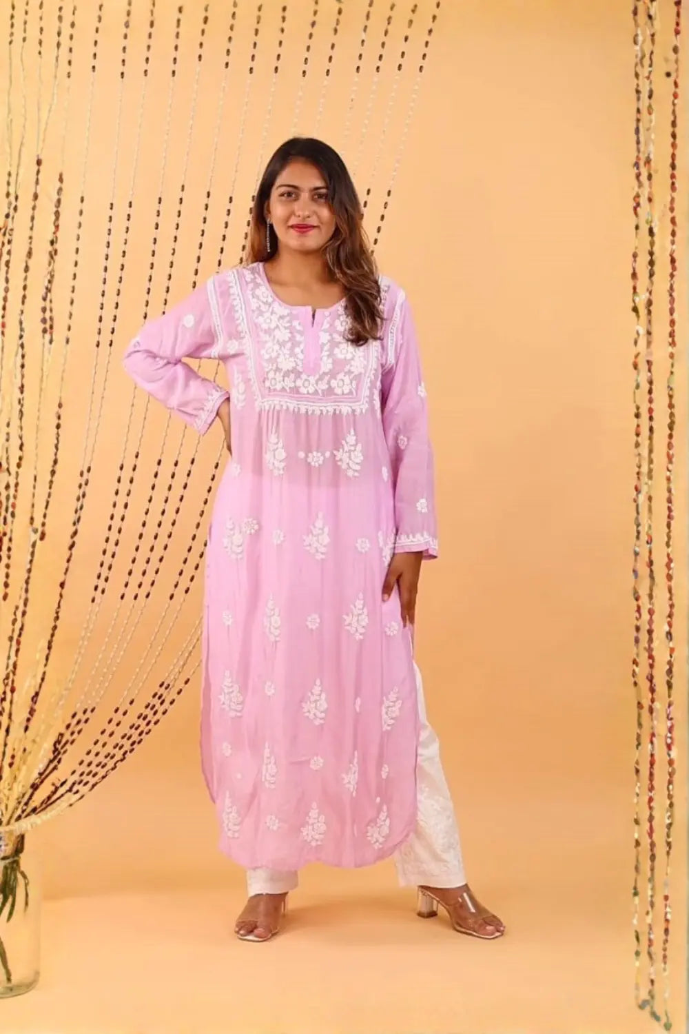 Lavender Bloom – Premium Muslin Chikankari Kurti With Qureshia Detailing