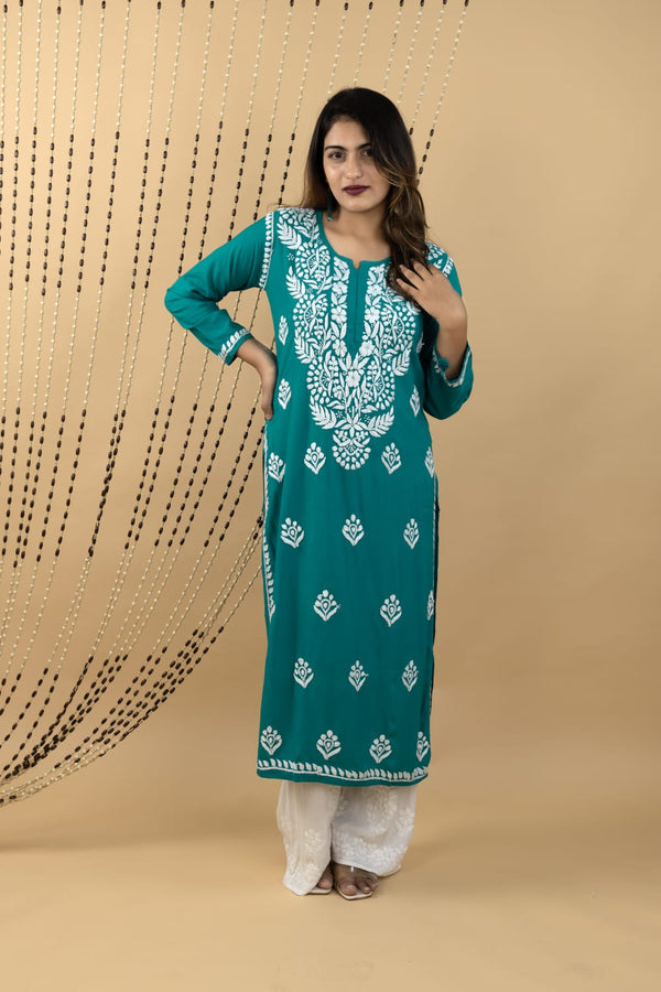 Teal Green Rayon Kurta with Chikankari Embroidery