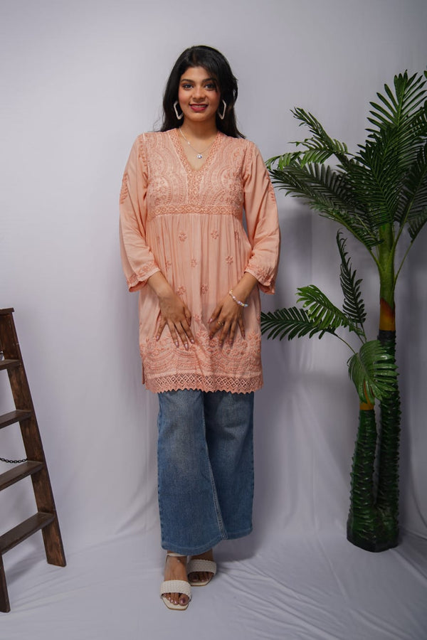 Peach Modal Short Frock Kurta with Hand Chikankari & Qureshia Lace