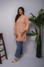 Peach Modal Short Frock Kurta with Hand Chikankari & Qureshia Lace
