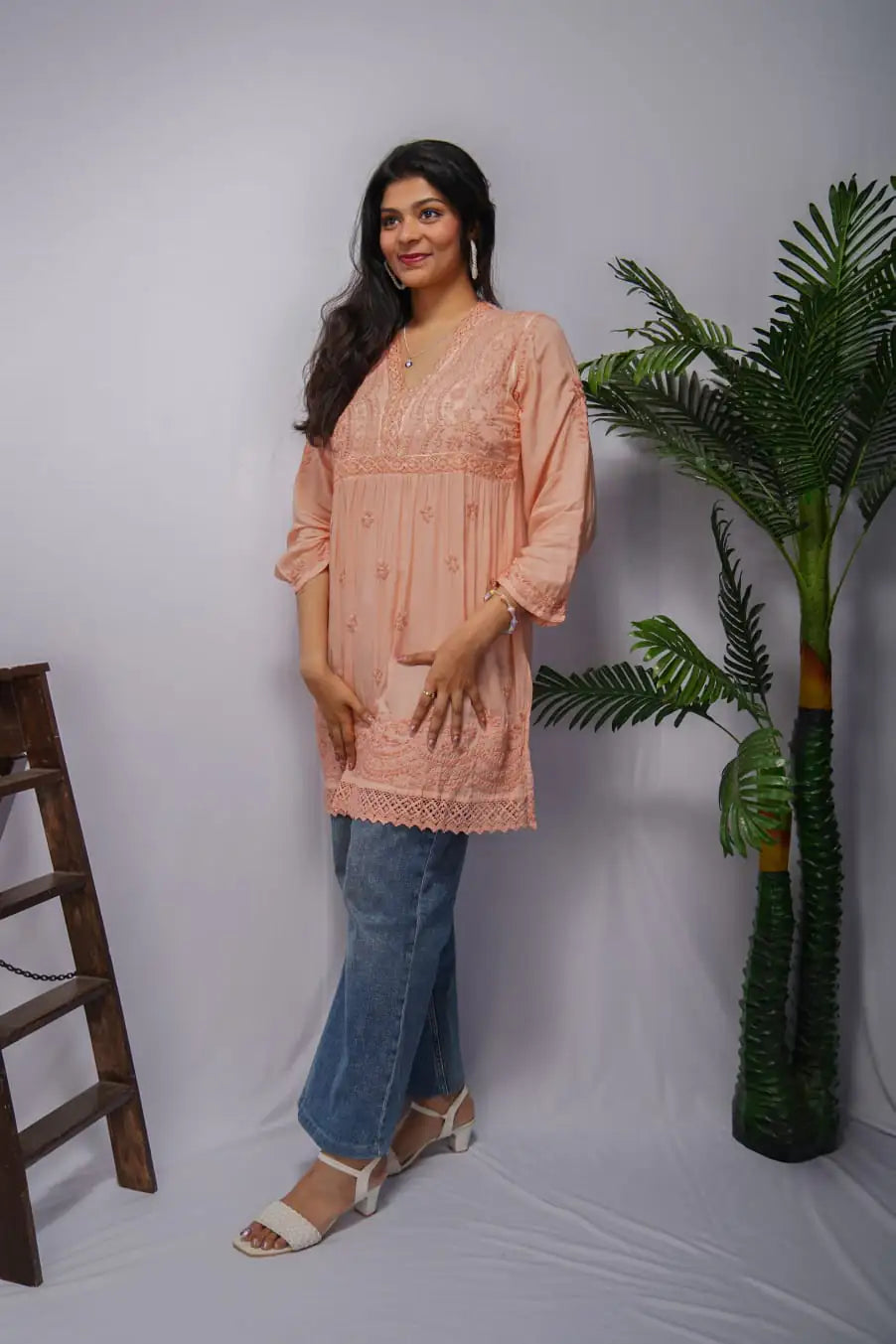 Peach Modal Short Frock Kurta with Hand Chikankari & Qureshia Lace