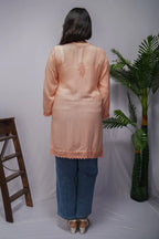 Peach Modal Short Frock Kurta with Hand Chikankari & Qureshia Lace