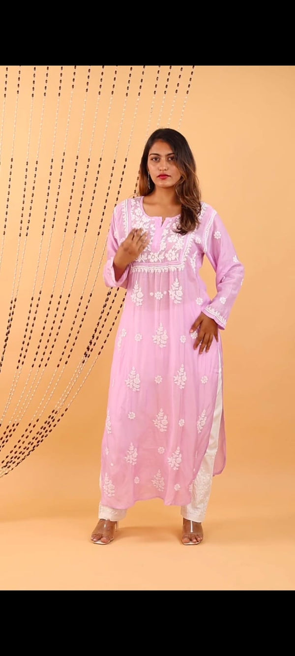 Lavender Bloom – Premium Muslin Chikankari Kurti With Qureshia Detailing