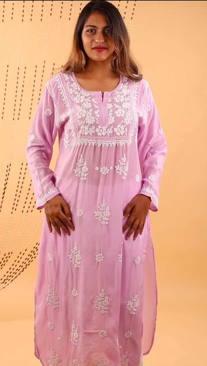 Lavender Bloom – Premium Muslin Chikankari Kurti With Qureshia Detailing
