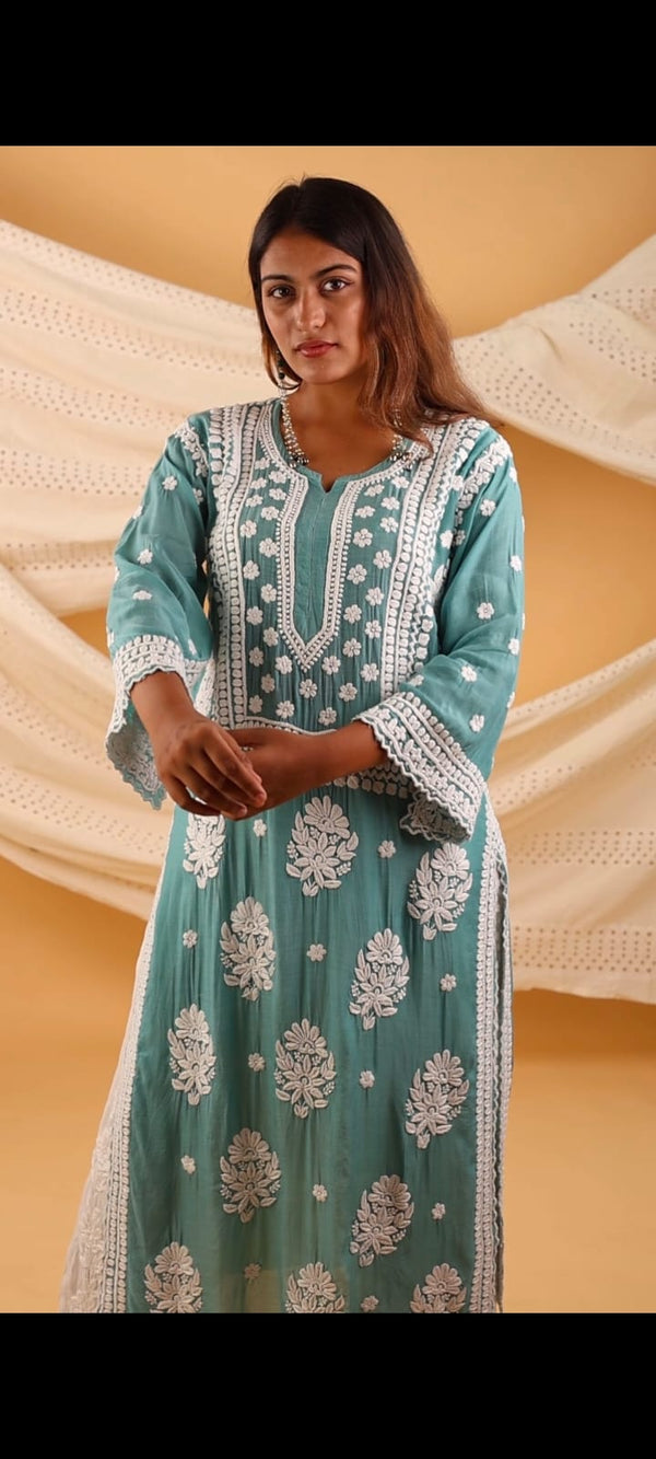 Sea Green Elegance Premium Muslin Handwork Chikankari Kurti