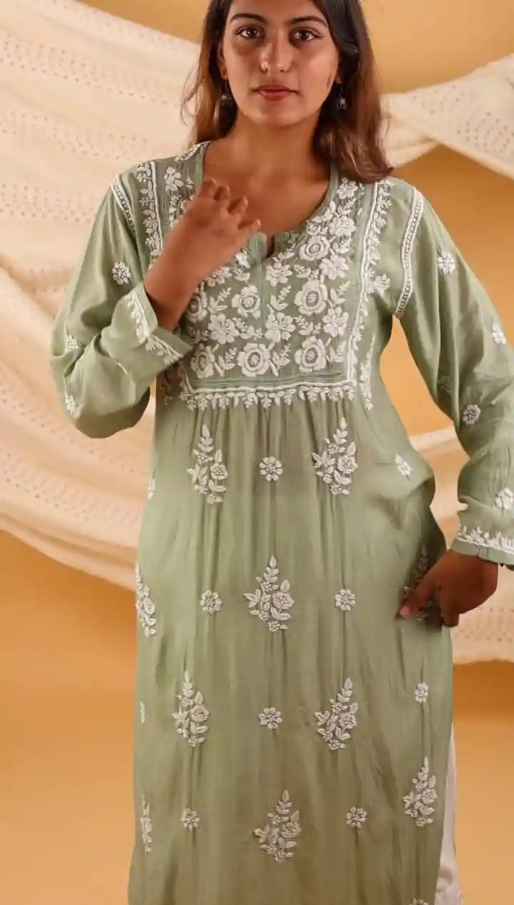 Olive Green Premium Muslin Kurti with Handwork Chikankari & Qureshia Detailing