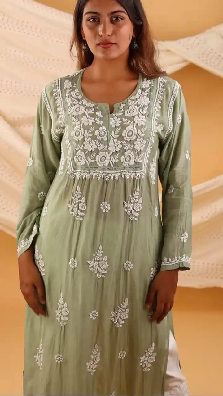 Olive Green Premium Muslin Kurti with Handwork Chikankari & Qureshia Detailing