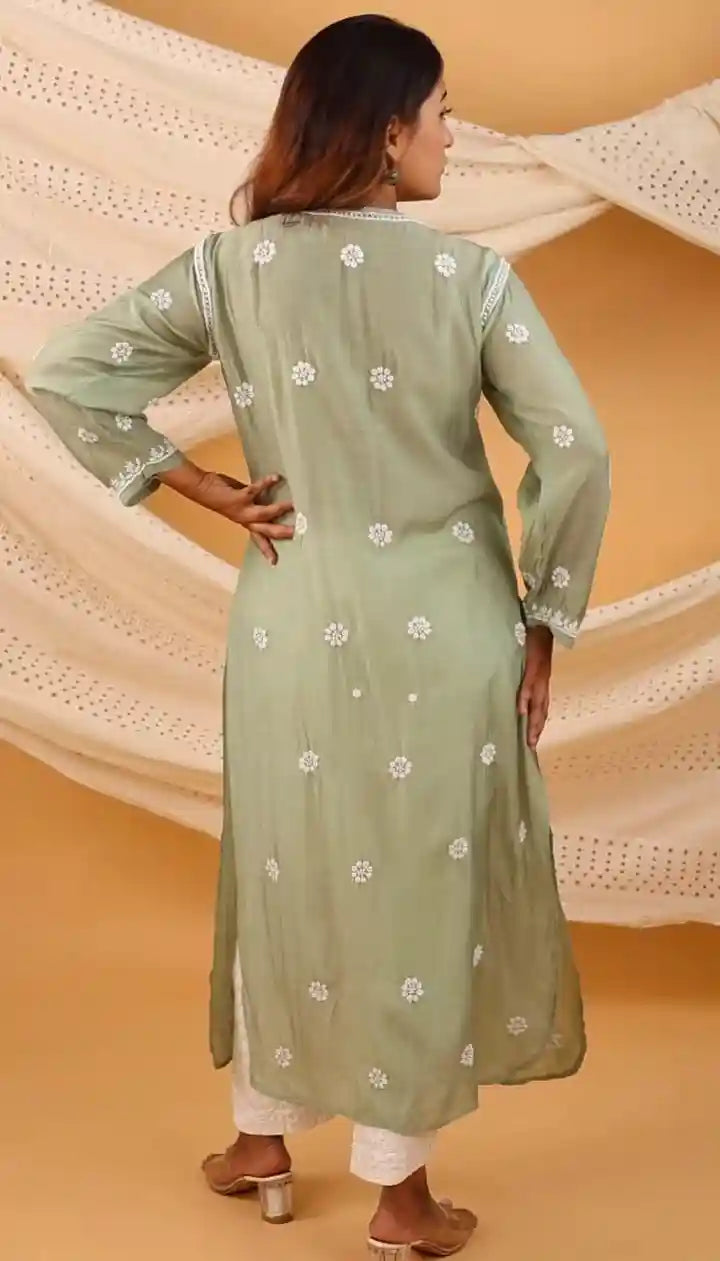 Olive Green Premium Muslin Kurti with Handwork Chikankari & Qureshia Detailing