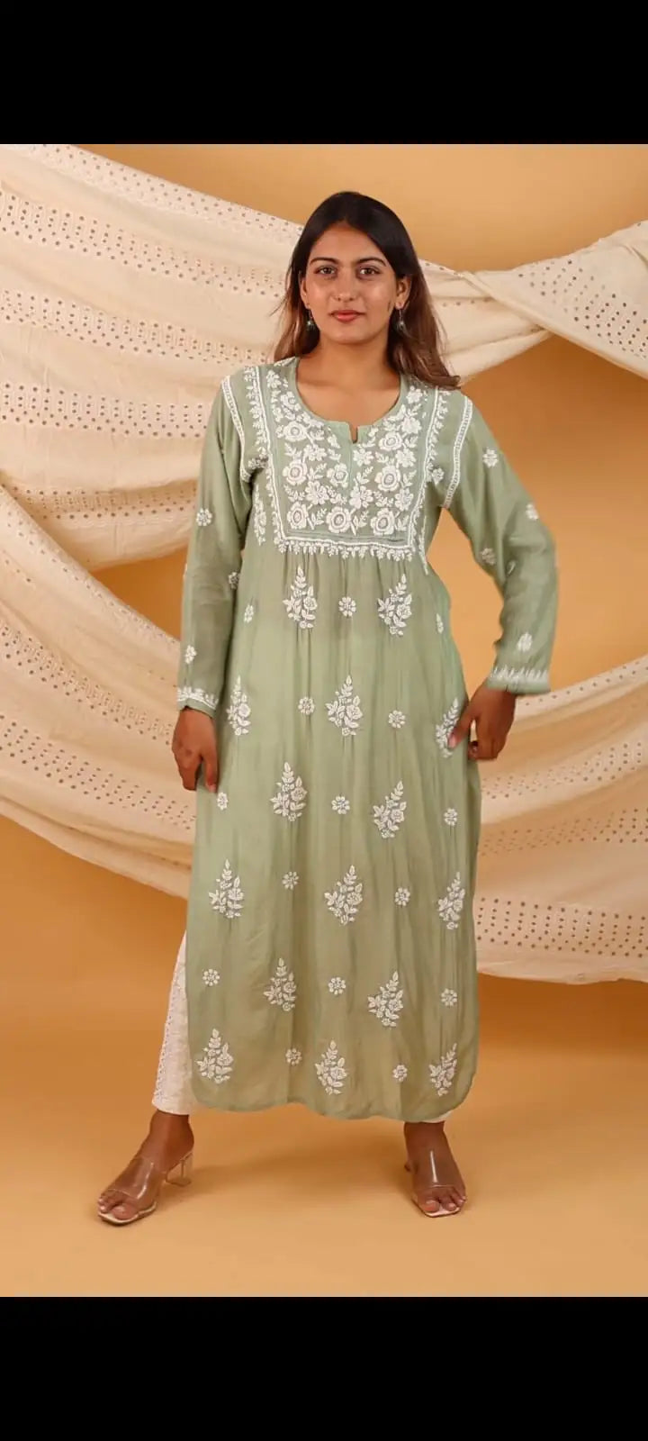 Olive Green Premium Muslin Kurti with Handwork Chikankari & Qureshia Detailing