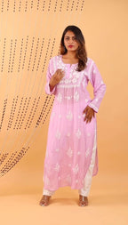Lavender Bloom – Premium Muslin Chikankari Kurti With Qureshia Detailing