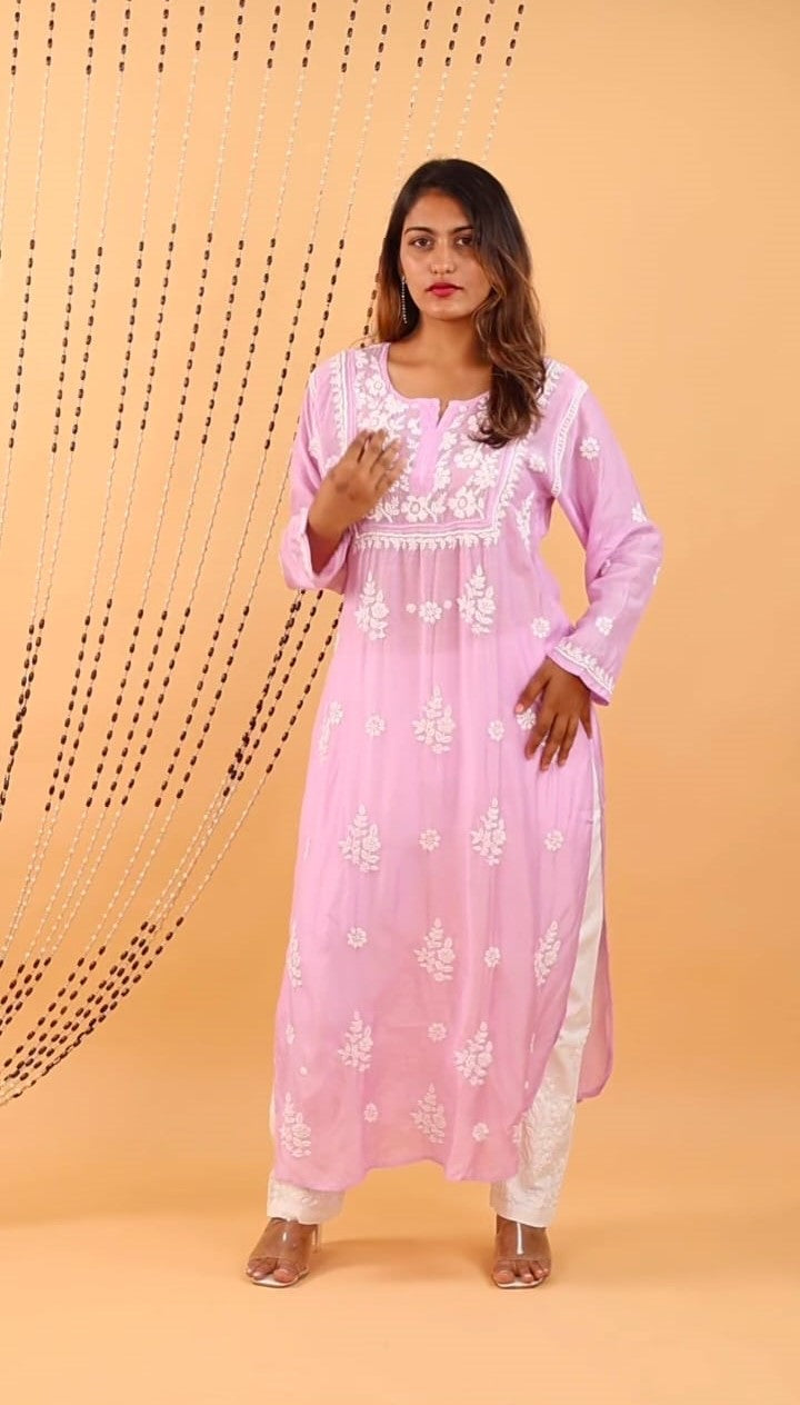 Lavender Bloom – Premium Muslin Chikankari Kurti With Qureshia Detailing