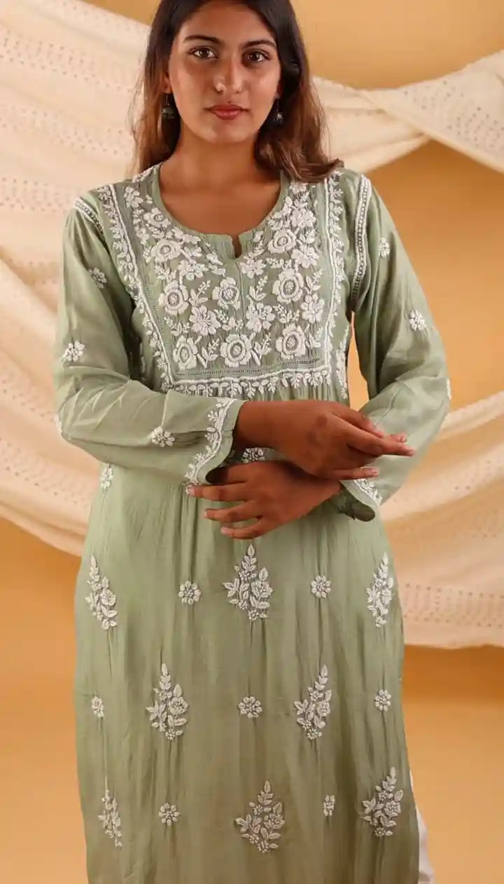 Olive Green Premium Muslin Kurti with Handwork Chikankari & Qureshia Detailing