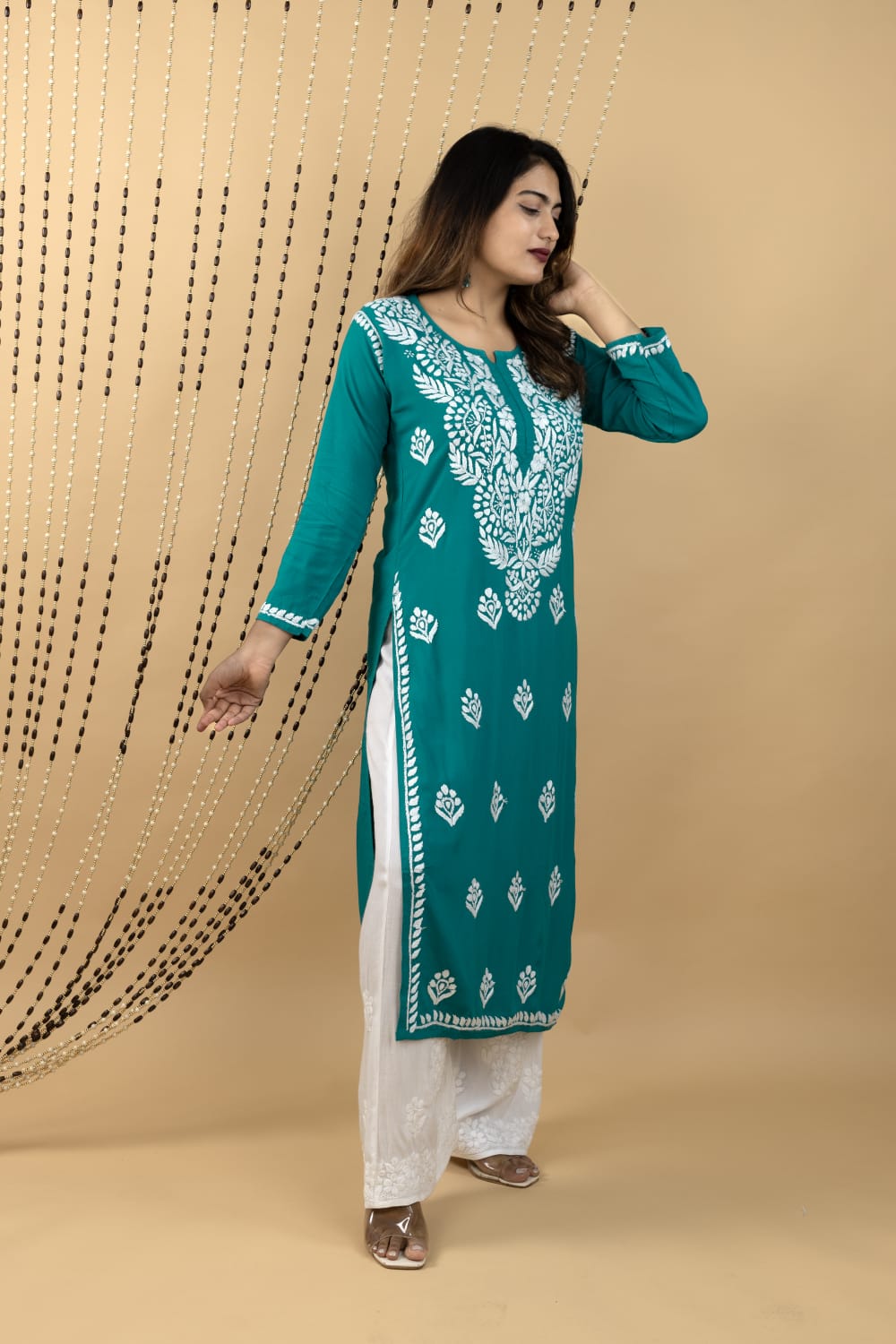 Teal Green Rayon Kurta with Chikankari Embroidery