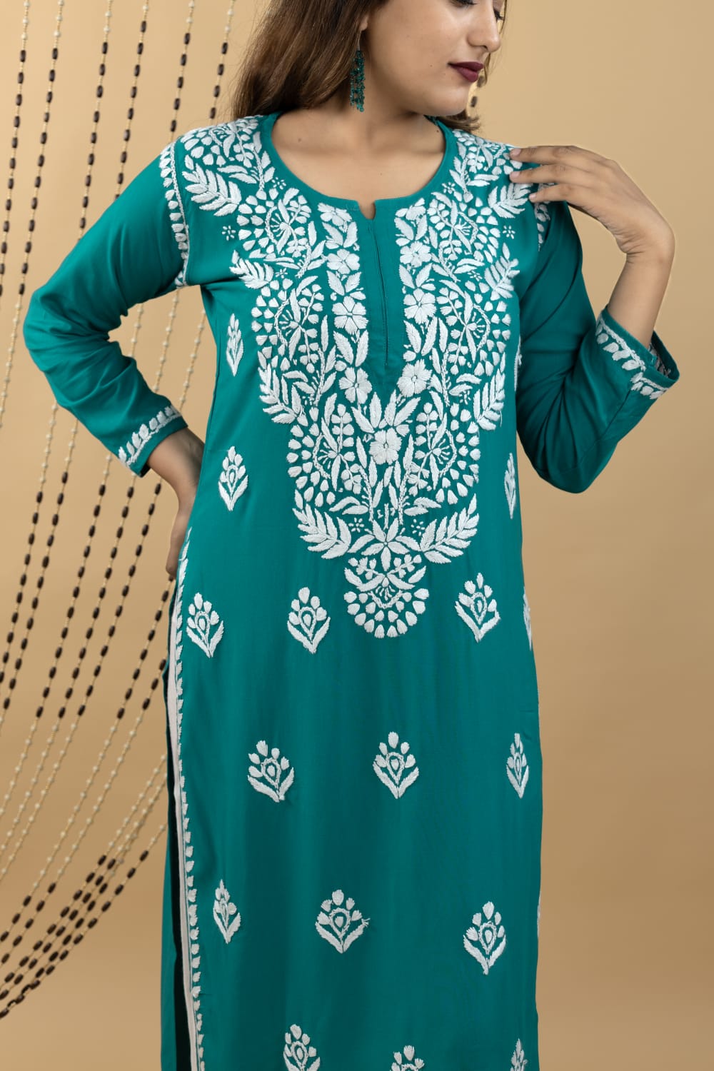 Teal Green Rayon Kurta with Chikankari Embroidery
