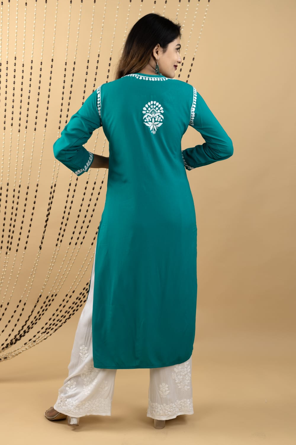 Teal Green Rayon Kurta with Chikankari Embroidery