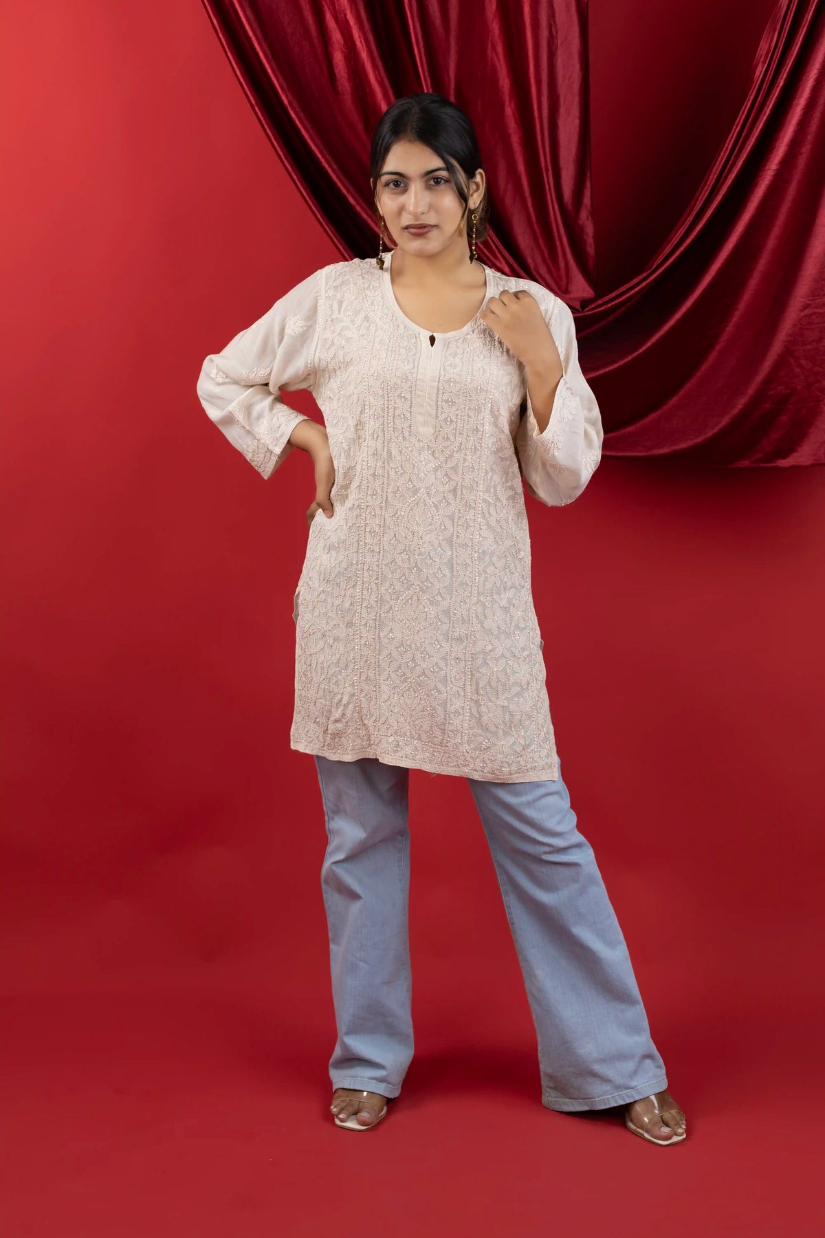Muslin Chikankari Solid Women's Short Kurta with Jaal Work - Beige