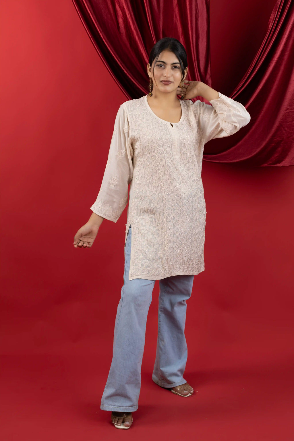 Muslin Chikankari Solid Women's Short Kurta with Jaal Work - Beige