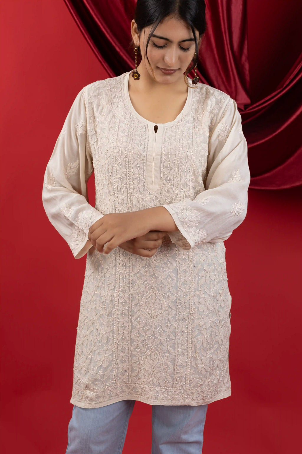 Muslin Chikankari Solid Women's Short Kurta with Jaal Work - Beige