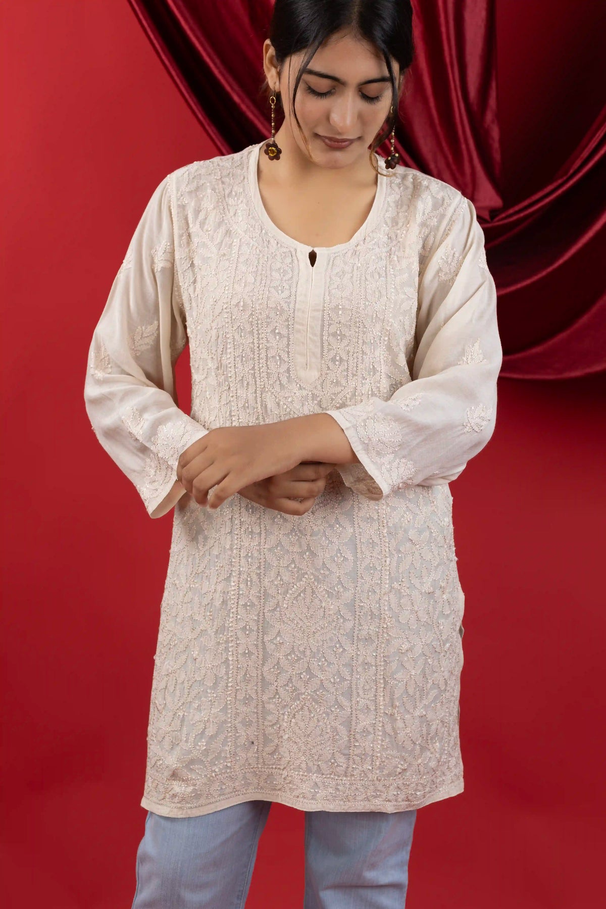 Muslin Chikankari Solid Women's Short Kurta with Jaal Work - Beige
