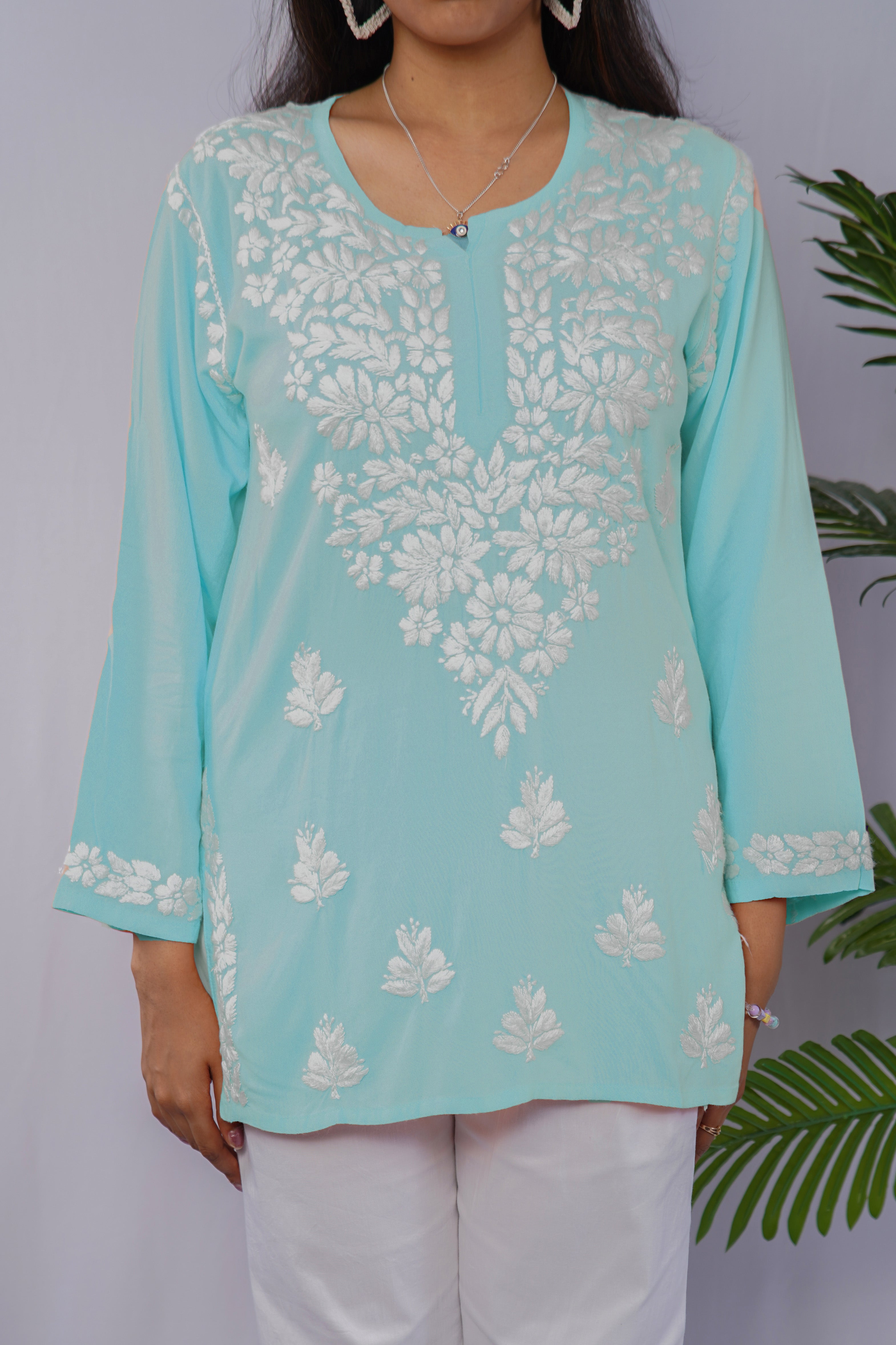 Sky Blue Rayon Chikankari Short Kurta – Elegant Handcrafted Beauty