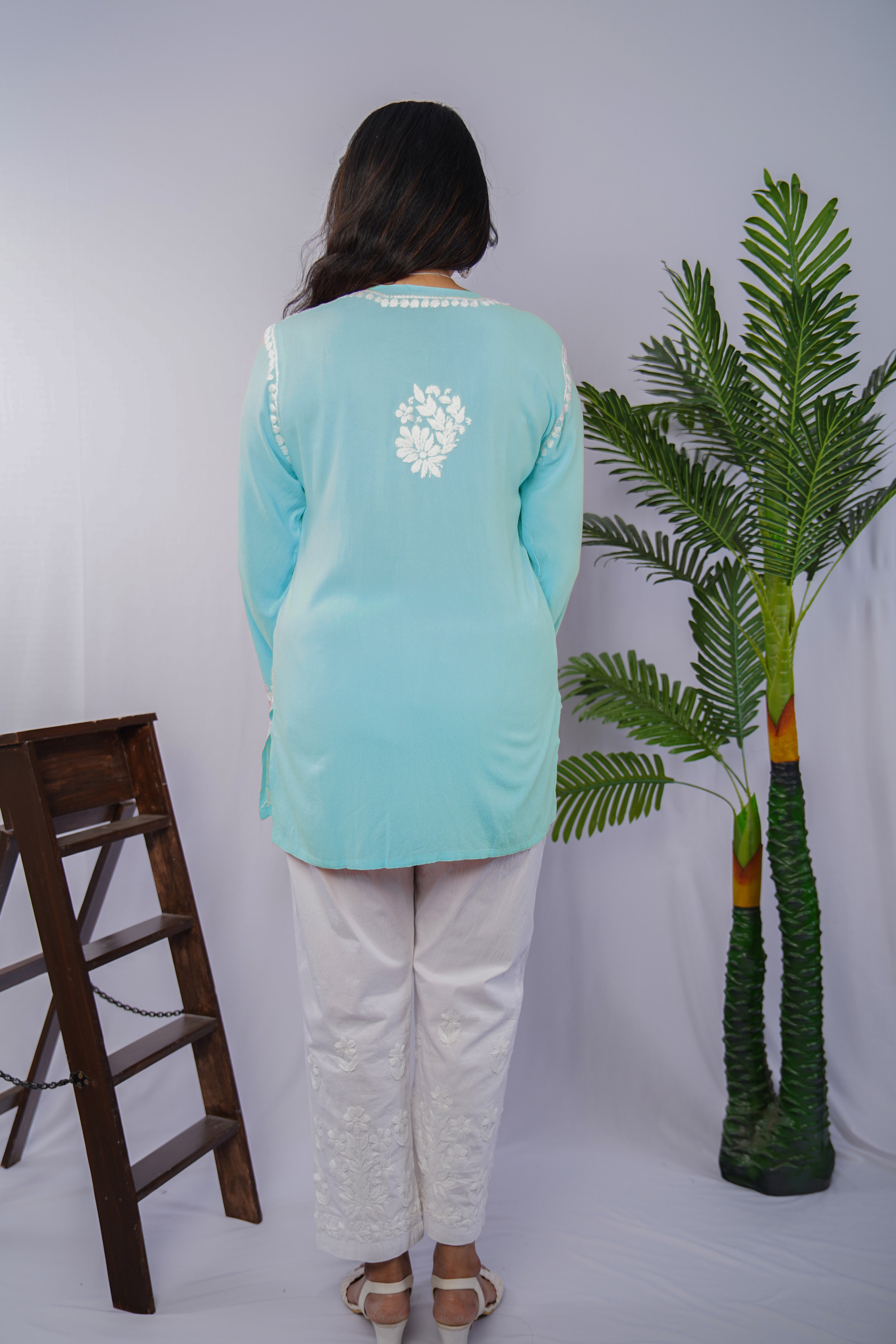 Sky Blue Rayon Chikankari Short Kurta – Elegant Handcrafted Beauty