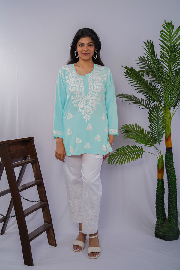 Sky Blue Rayon Chikankari Short Kurta – Elegant Handcrafted Beauty