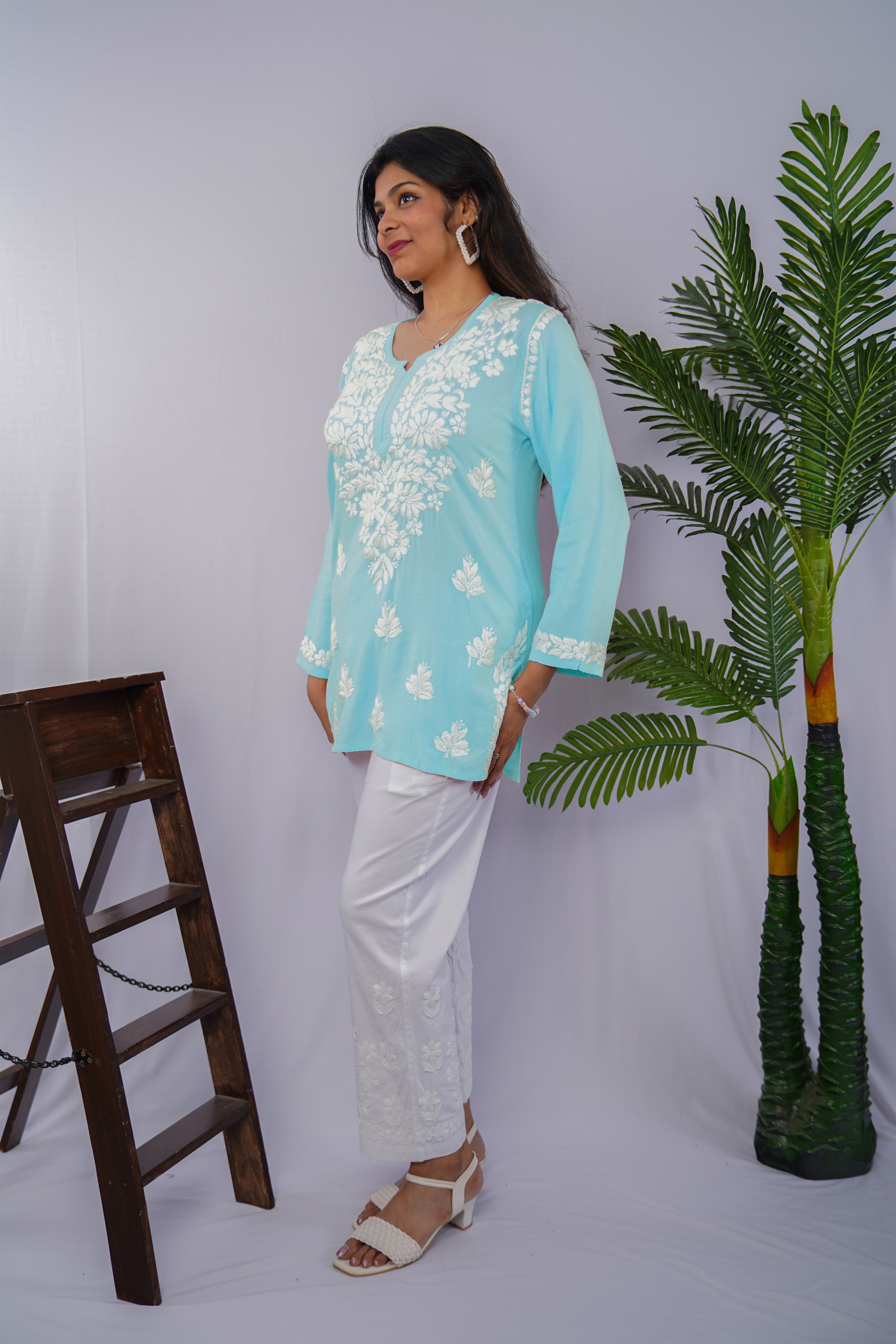 Sky Blue Rayon Chikankari Short Kurta – Elegant Handcrafted Beauty