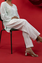 Cotton Hand Chikankari Solid Women's Straight Pants - Classic White