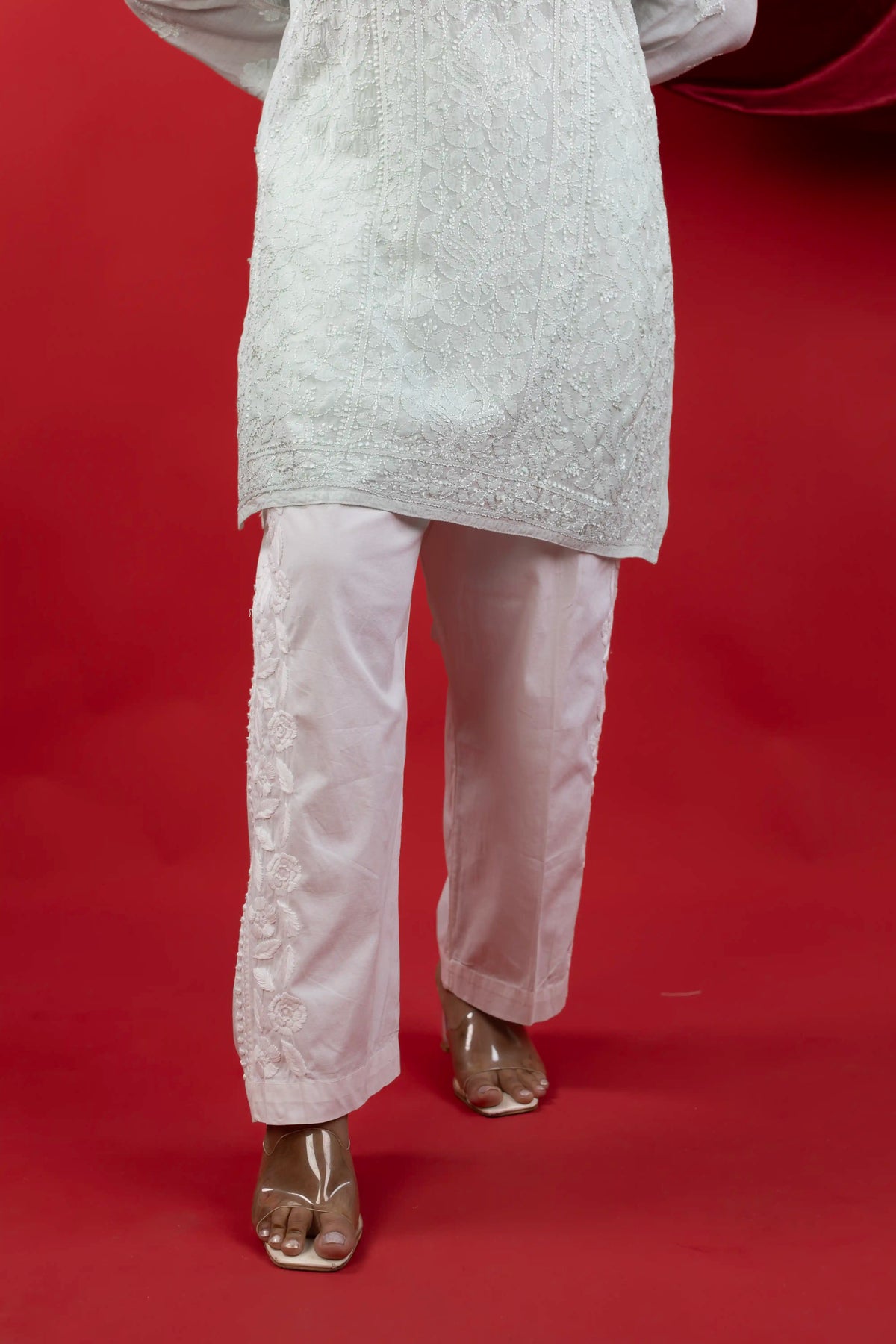 Cotton Hand Chikankari Solid Women's Straight Pants - Classic White