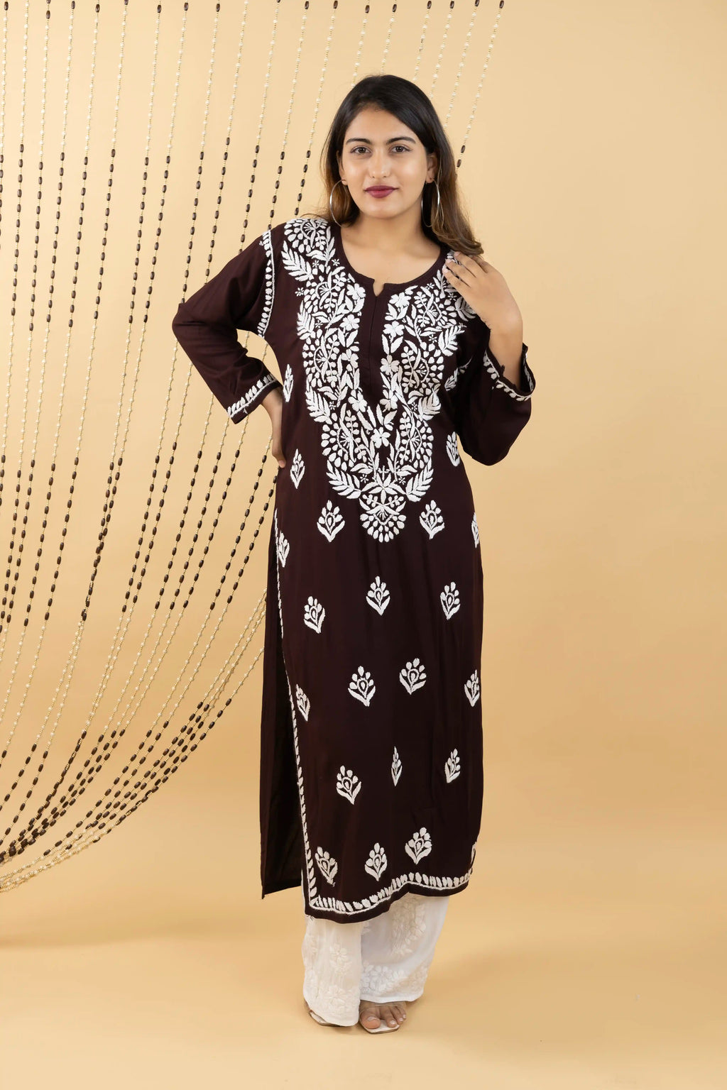 Rayon Hand Chikankari Solid Women's Long Kurta - Cocoa Brown
