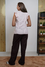 Cotton Frill Pattern Solid Women's Sleeveless Shirt - Beige