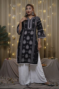 Cotton Chikankari Solid Women's Long Kurta - Black