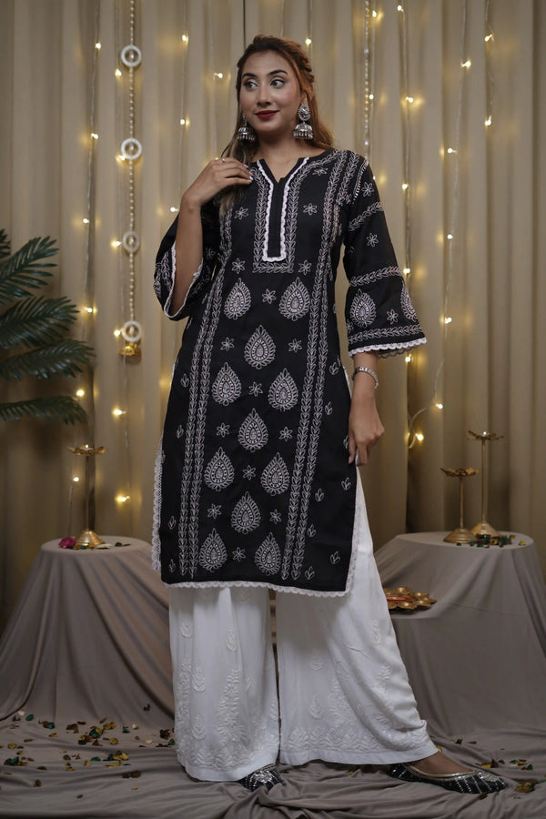 Cotton Chikankari Solid Women's Long Kurta - Black