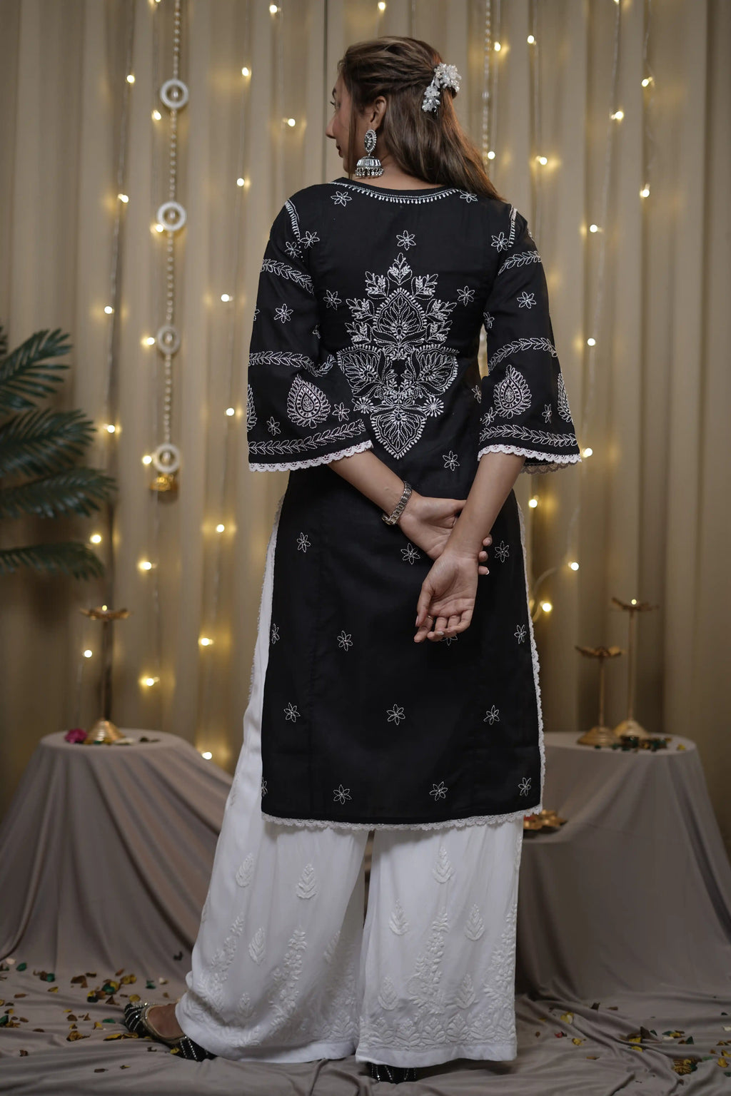 Cotton Chikankari Solid Women's Long Kurta - Black
