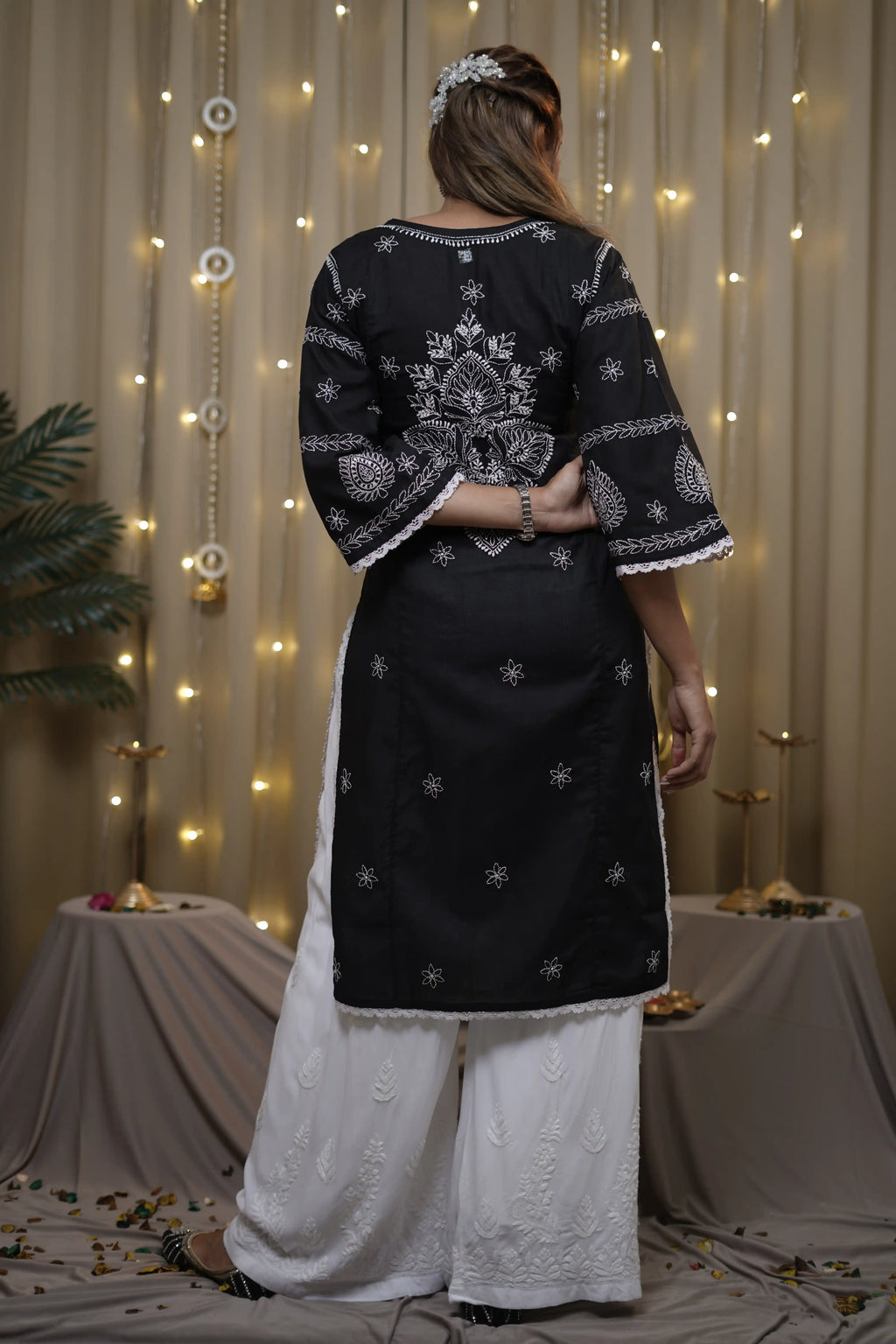 Cotton Chikankari Solid Women's Long Kurta - Black