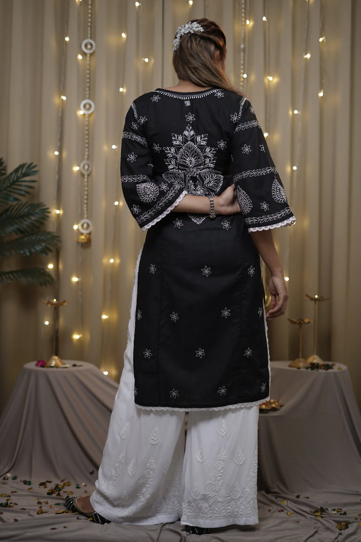 Cotton Chikankari Solid Women's Long Kurta - Black