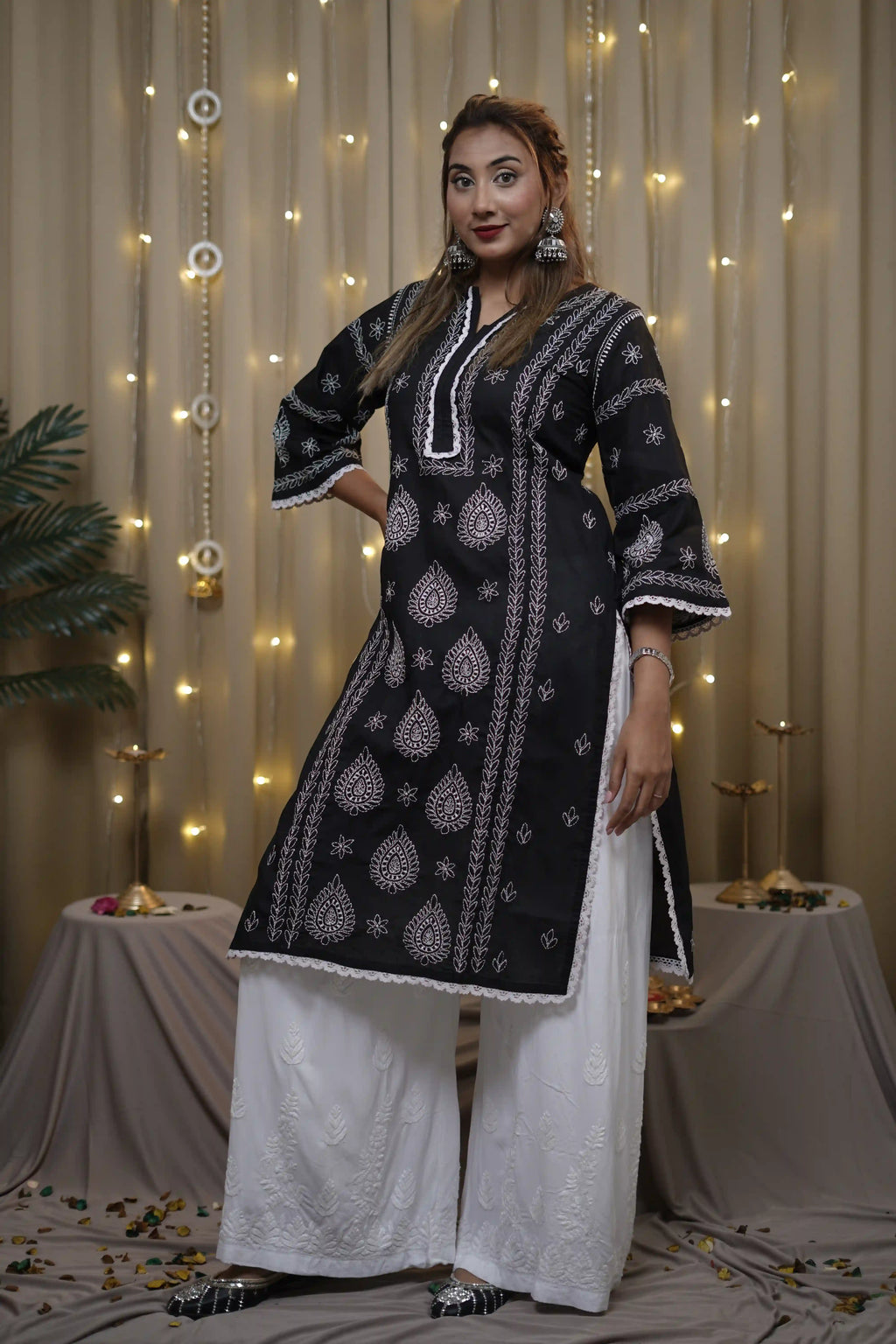Cotton Chikankari Solid Women's Long Kurta - Black