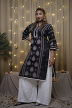 Cotton Chikankari Solid Women's Long Kurta - Black