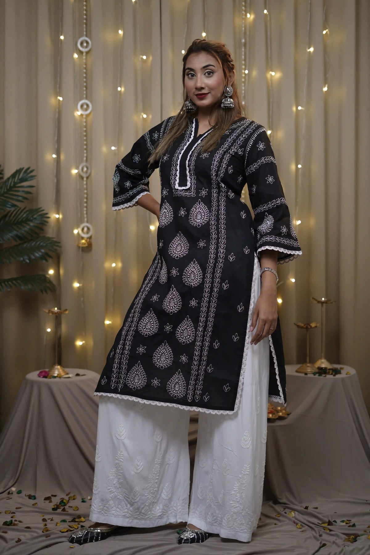 Cotton Chikankari Solid Women's Long Kurta - Black