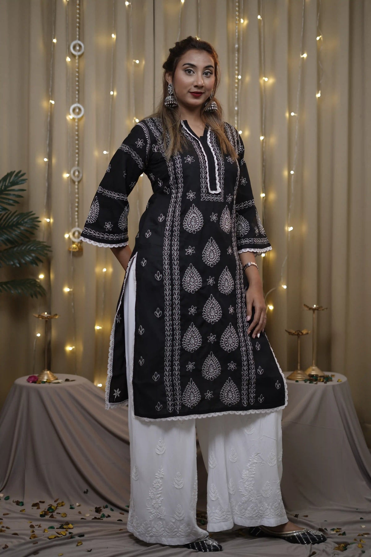 Cotton Chikankari Solid Women's Long Kurta - Black