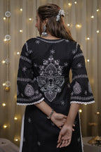 Cotton Chikankari Solid Women's Long Kurta - Black
