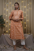 Cotton Chikankari Solid Women's Long Kurta - Brick