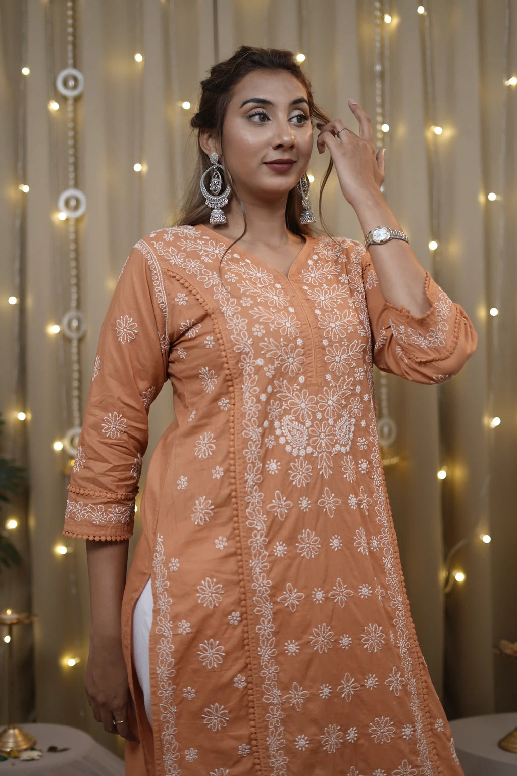 Cotton Chikankari Solid Women's Long Kurta - Brick