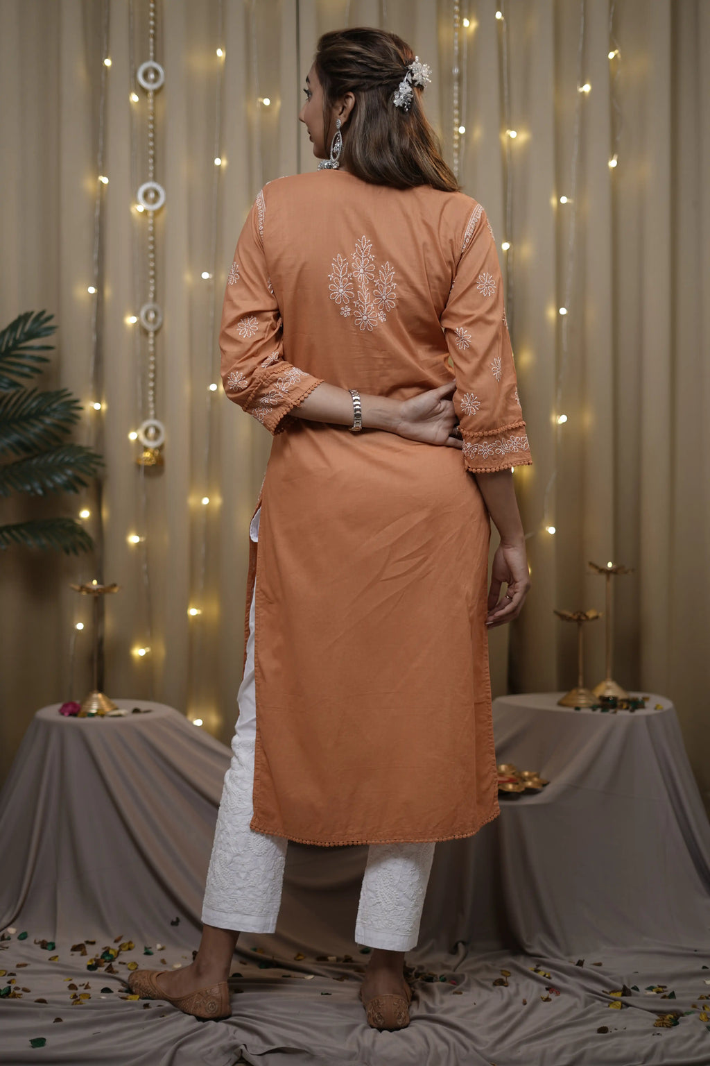 Cotton Chikankari Solid Women's Long Kurta - Brick