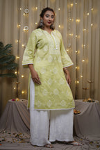 Cotton Chikankari Solid Women's Long Kurta - Lime Green
