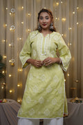 Cotton Chikankari Solid Women's Long Kurta - Lime Green