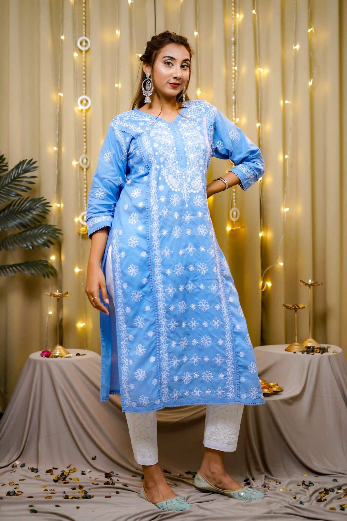 Cotton Chikankari Solid Women's Long Kurta - Powder Blue