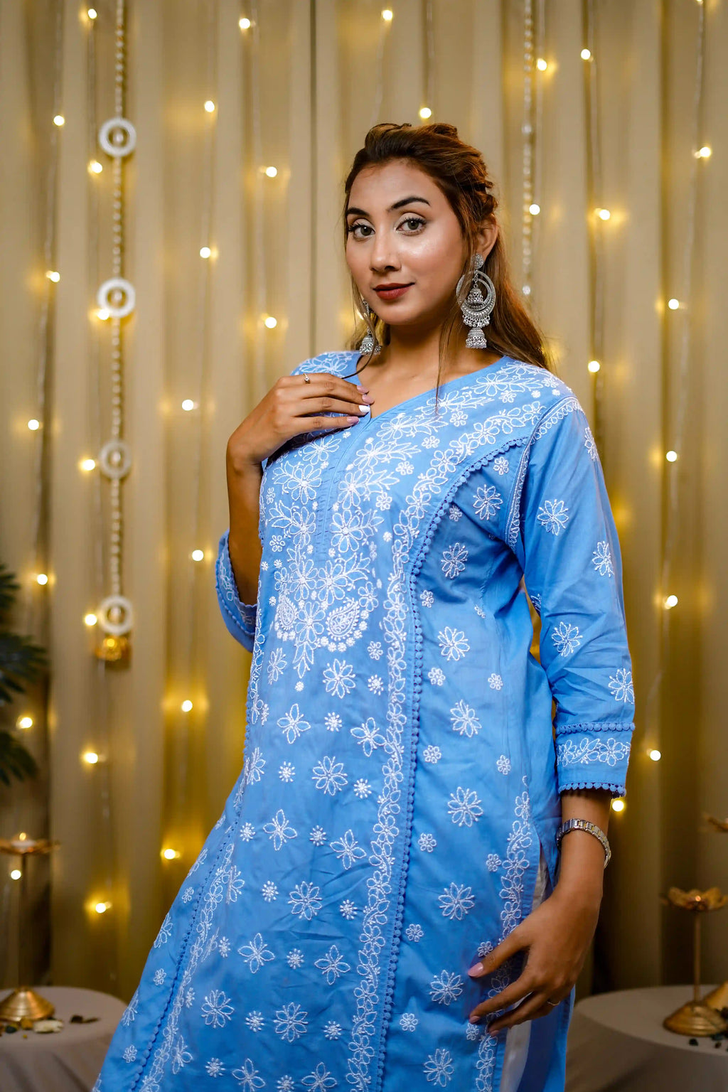 Cotton Chikankari Solid Women's Long Kurta - Powder Blue