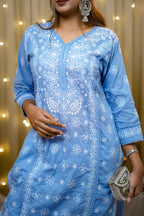 Cotton Chikankari Solid Women's Long Kurta - Powder Blue